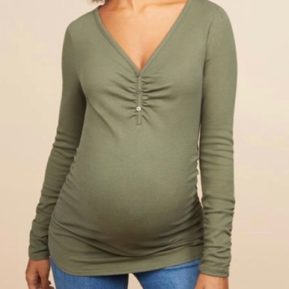Motherhood Maternity- Green Henley Lace Top